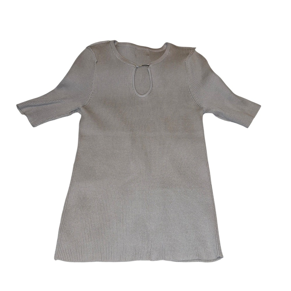 Carmen Marc Valvo Knit Mini Dress Ribbed Keyhole Short Sleeve Beige Casual - Picture 2 of 6